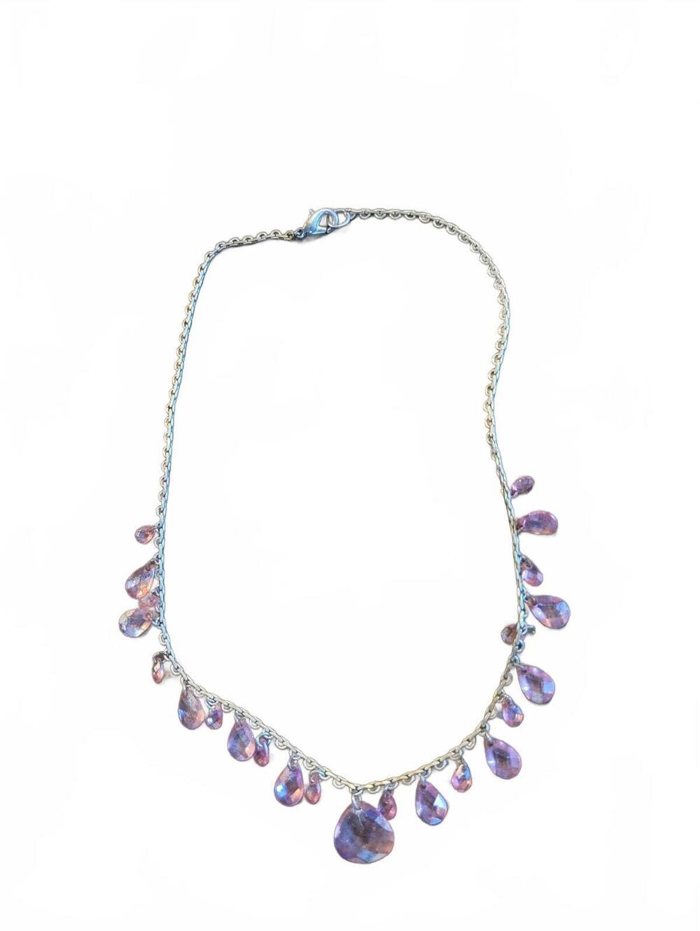 Pink Crystal Teardrop Fringe Necklace Silver Tone Y2K Statement Choker